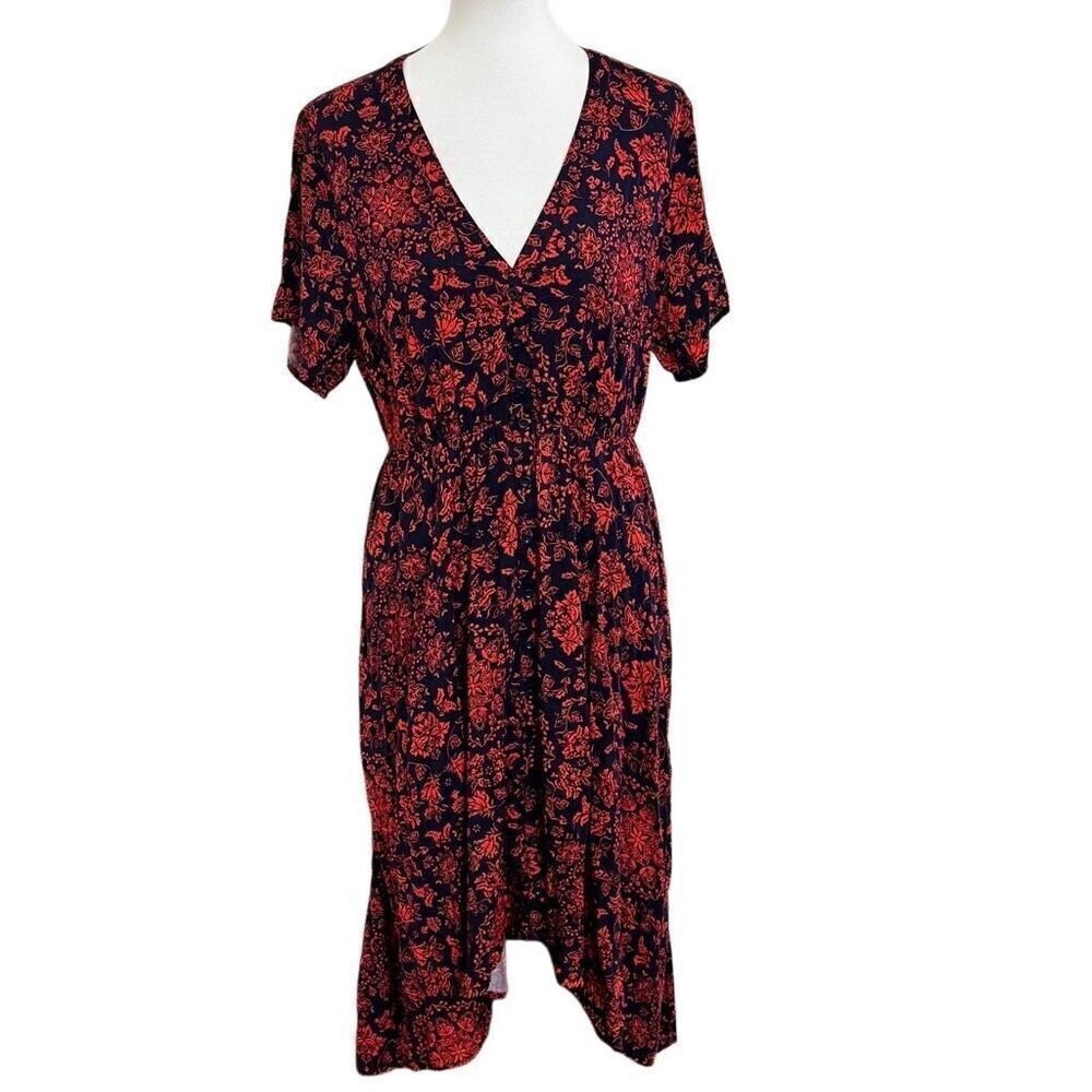 Torrid Midi Challis Shirt Dress Navy w/ Red Floral Sleeves V-neck Size 1 = 1X